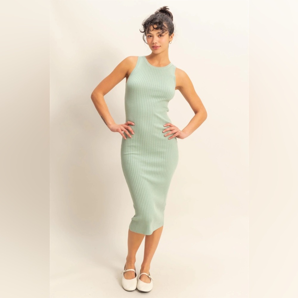 NEW Double Zero Sage Green Ribbed Bodycon Midi Dress Sleeveless Size Small